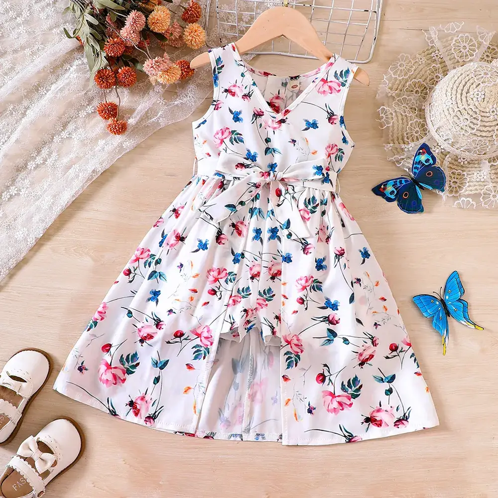 Pink Floral Sleeveless Skirt for Young Girls