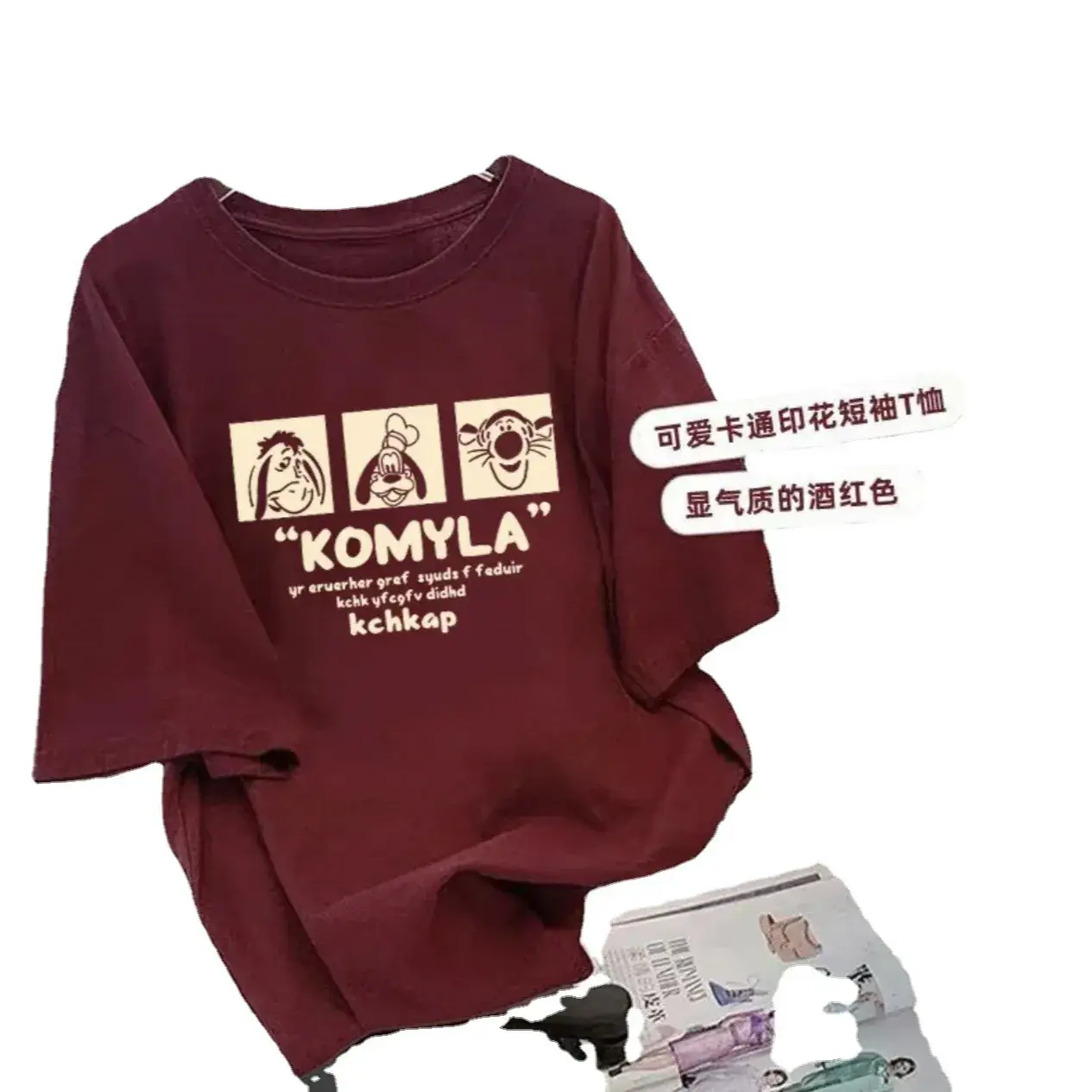 2025 Pure Cotton Loose T-Shirt Women Maroon 3 Small - Image 14