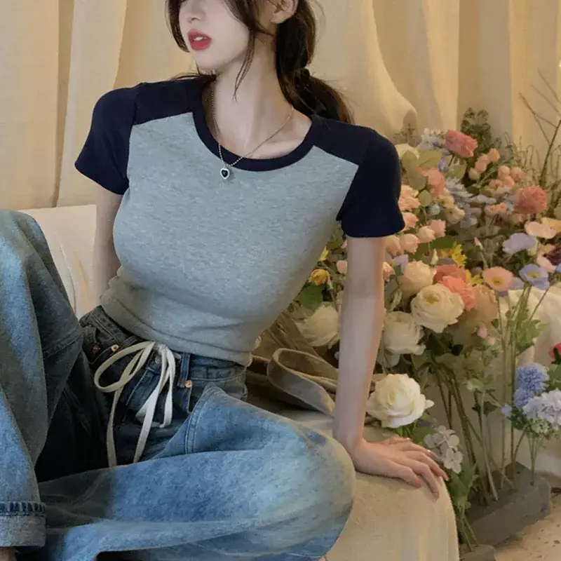 Women's Grey Blue Short Sleeve T-Shirt with Neckline Button - Image 2