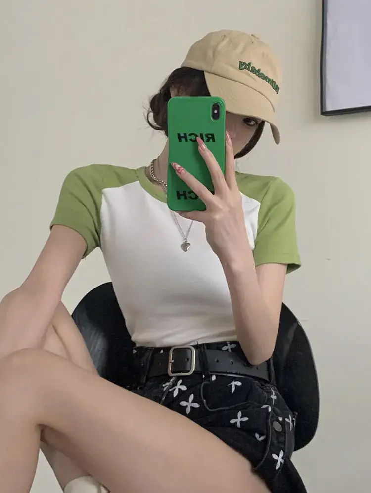 Women's Grey Blue Short Sleeve T-Shirt with Neckline Button - Image 3