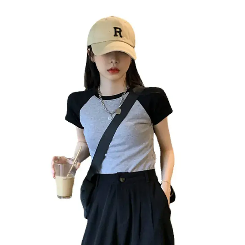 Women's Grey Blue Short Sleeve T-Shirt with Neckline Button - Image 6