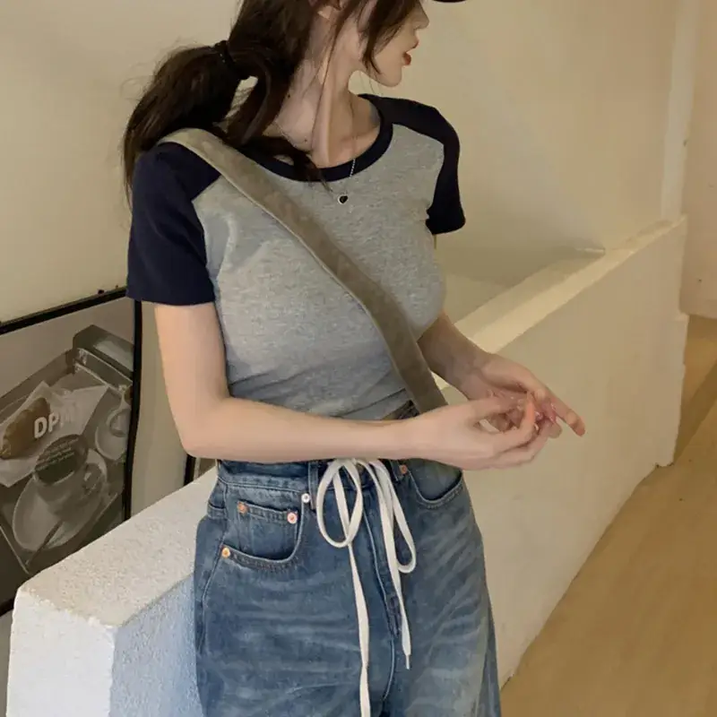 Women's Grey Blue Short Sleeve T-Shirt with Neckline Button — feature 14
