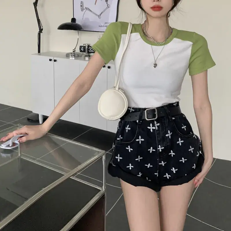 Women's Grey Blue Short Sleeve T-Shirt with Neckline Button — feature 16