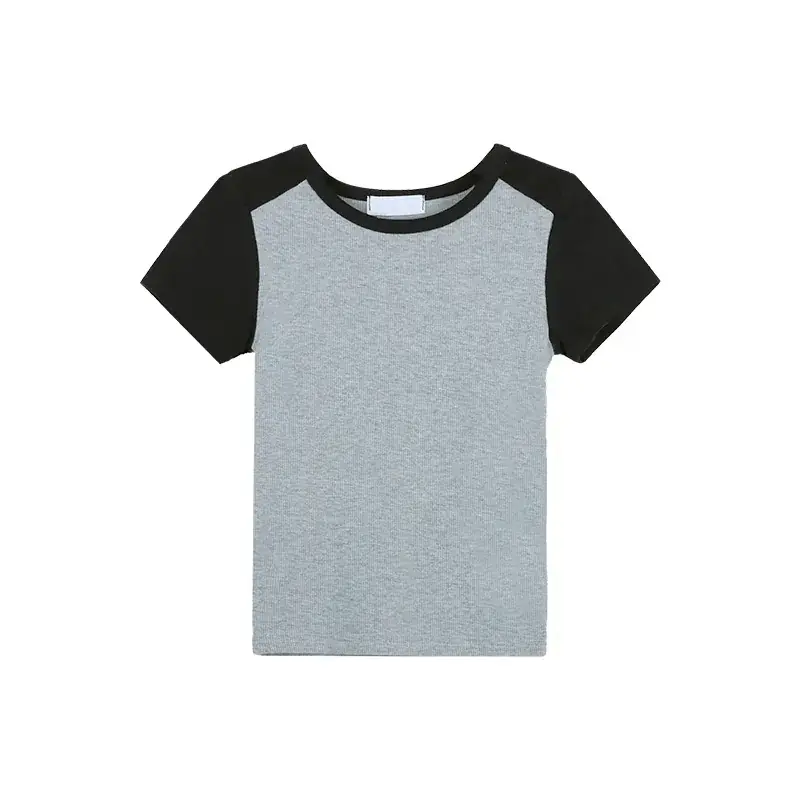Women's Grey Blue Short Sleeve T-Shirt with Neckline Button — feature 20