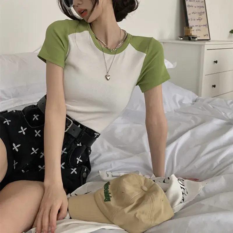 Women's Grey Blue Short Sleeve T-Shirt with Neckline Button — feature 3