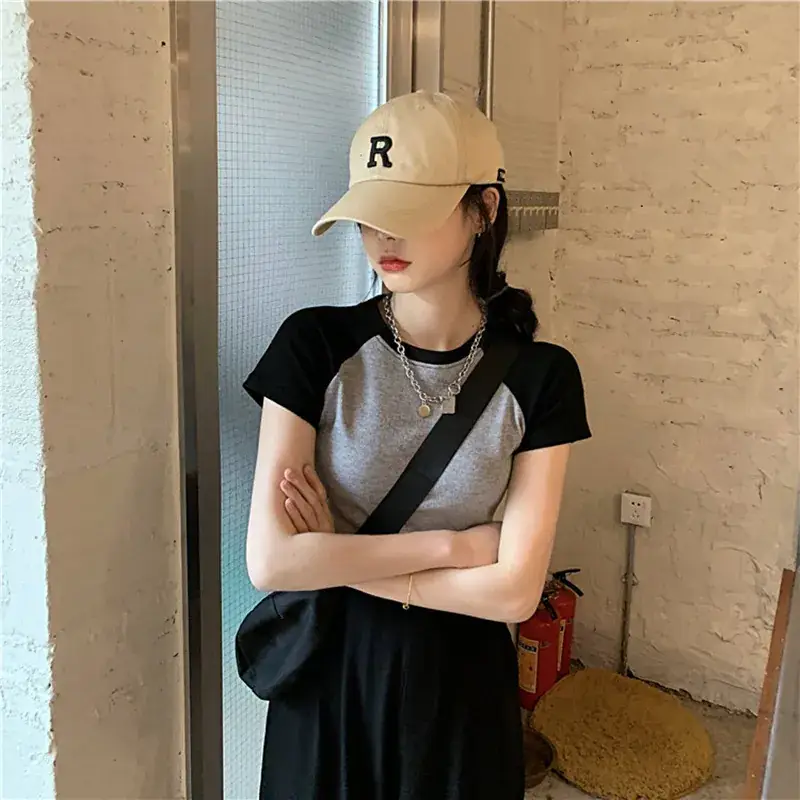 Women's Grey Blue Short Sleeve T-Shirt with Neckline Button — feature 4