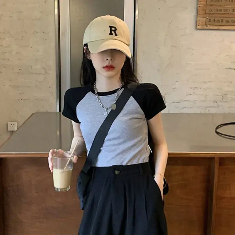 Women's Grey Blue Short Sleeve T-Shirt with Neckline Button — feature 7