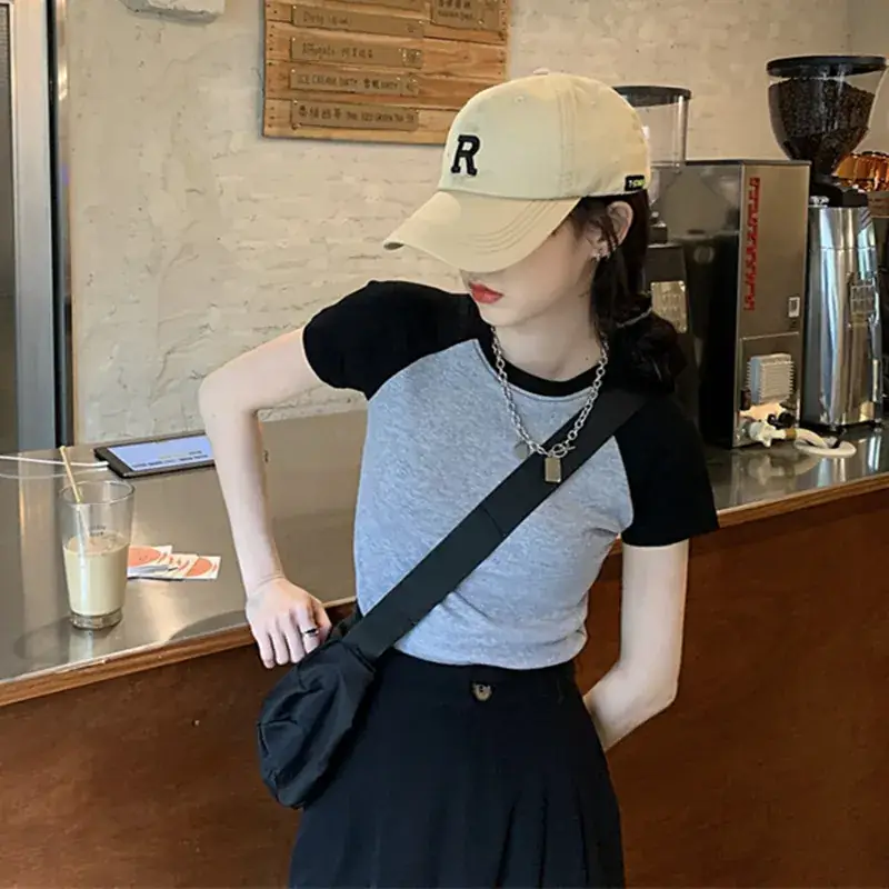Women's Grey Blue Short Sleeve T-Shirt with Neckline Button — feature 8