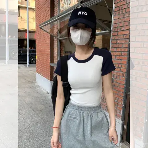 Women's Grey Blue Short Sleeve T-Shirt with Neckline Button - Image 4