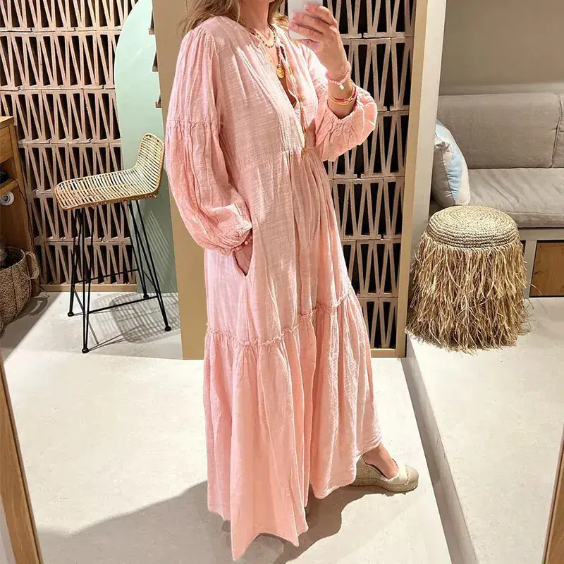 Women's V-Neck Bubble Sleeve Cotton Linen Dress Pink