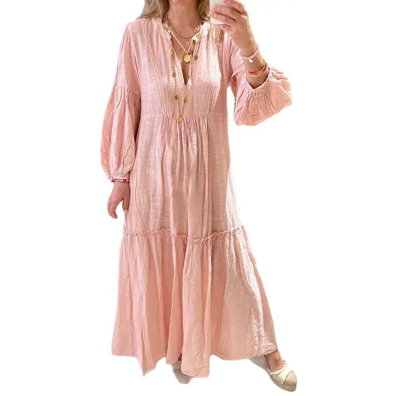 Women's V-Neck Bubble Sleeve Cotton Linen Dress Pink
