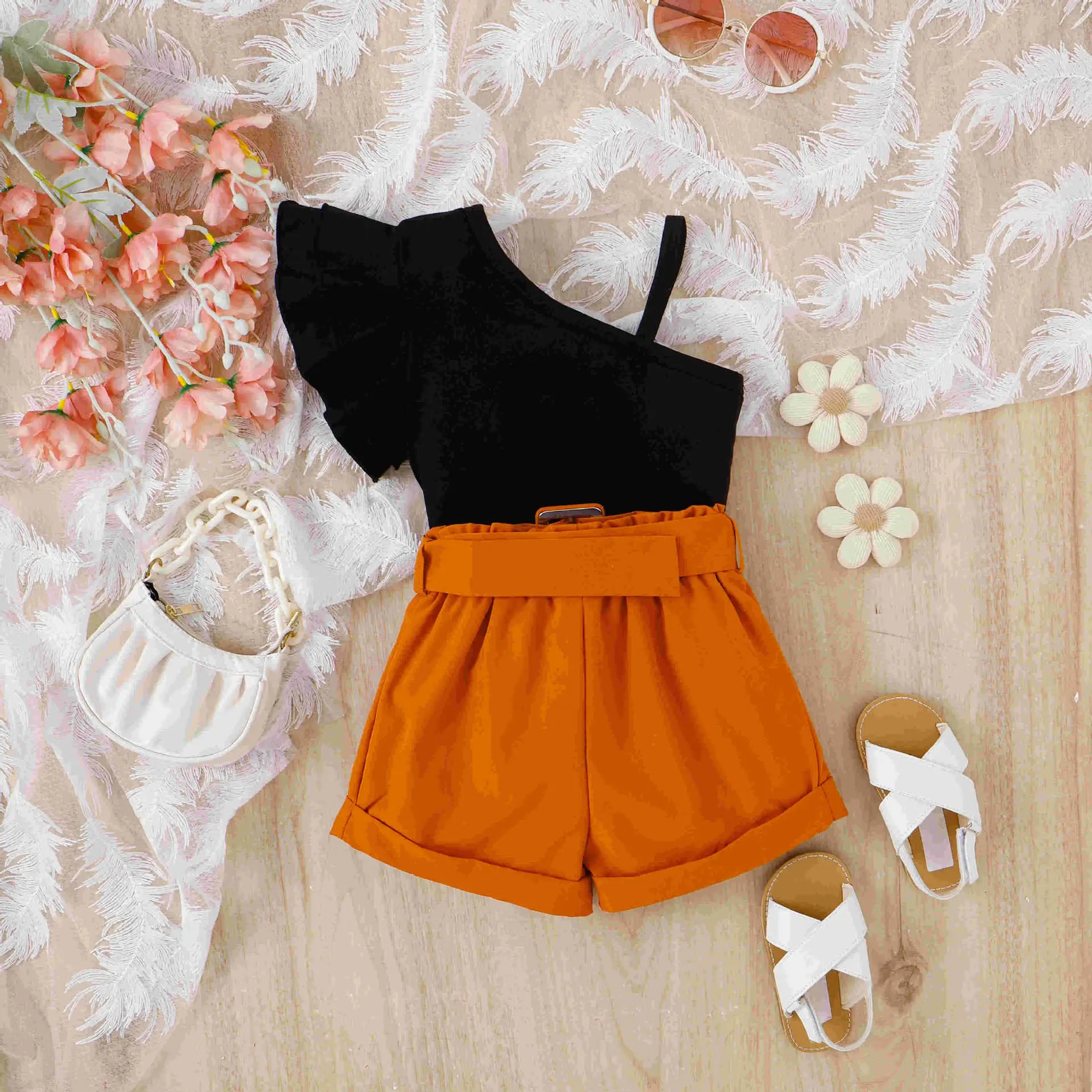 Baoxi Girls Summer Top Shorts Set Black Orange Belted