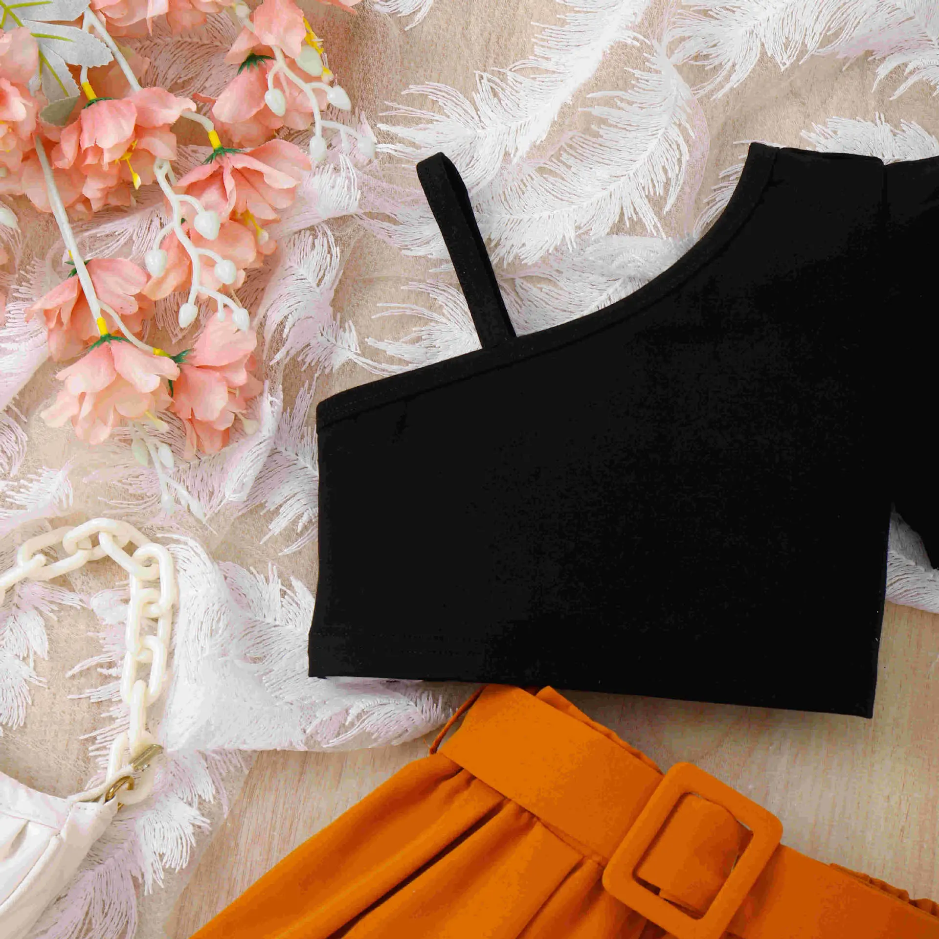Baoxi Girls Summer Top Shorts Set Black Orange Belted
