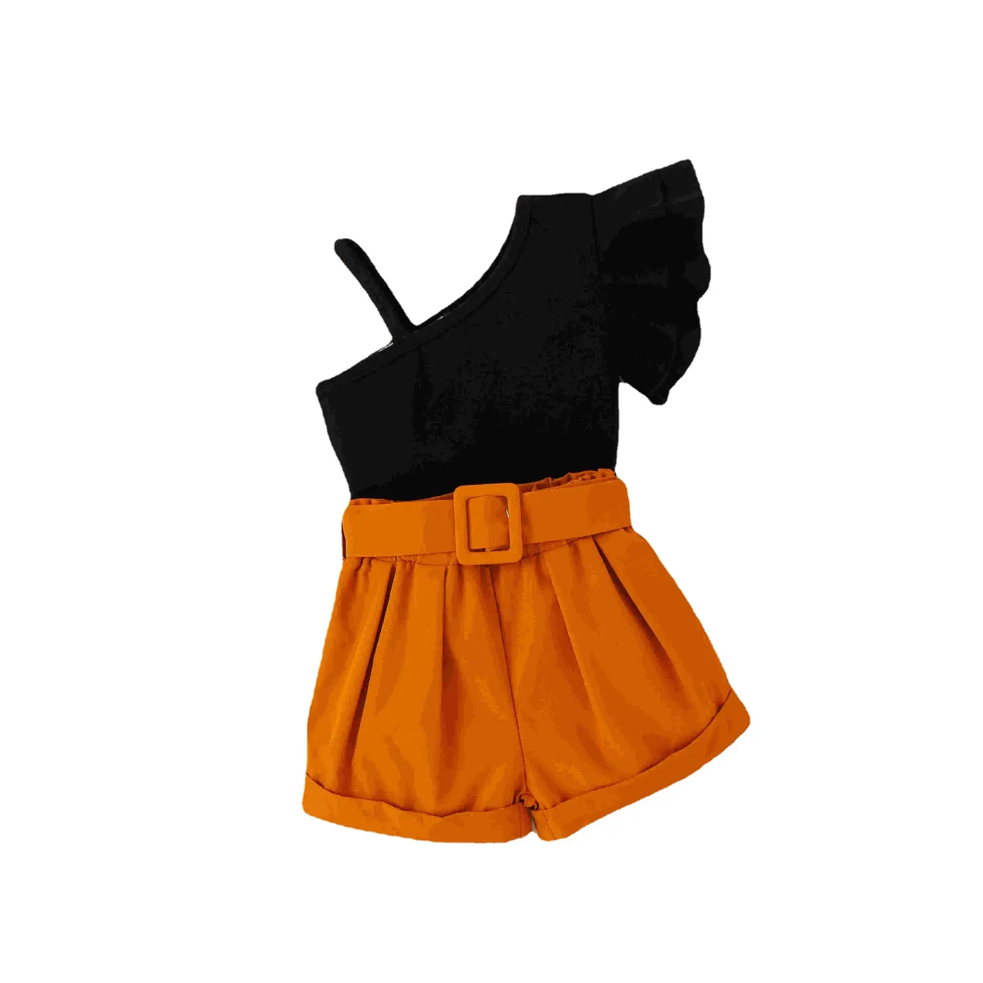 Baoxi Girls Summer Top Shorts Set Black Orange Belted