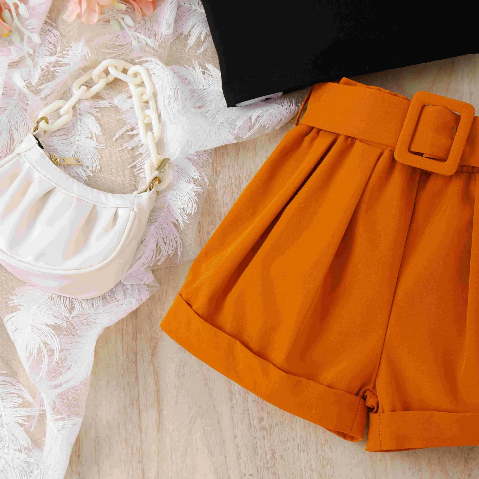 Baoxi Girls Summer Top Shorts Set Black Orange Belted — feature 1