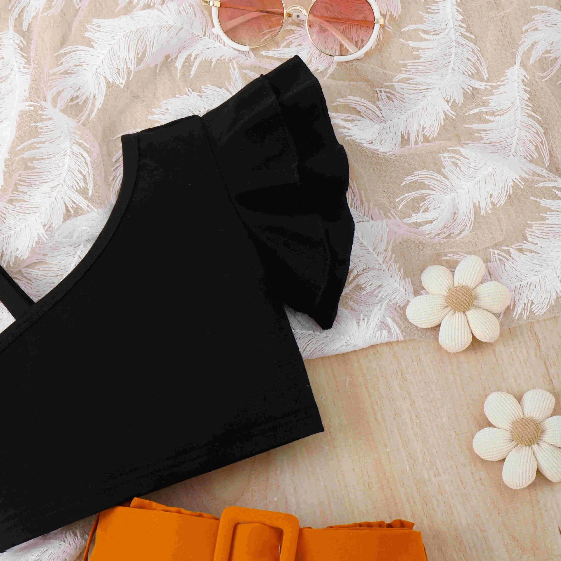 Baoxi Girls Summer Top Shorts Set Black Orange Belted — feature 3