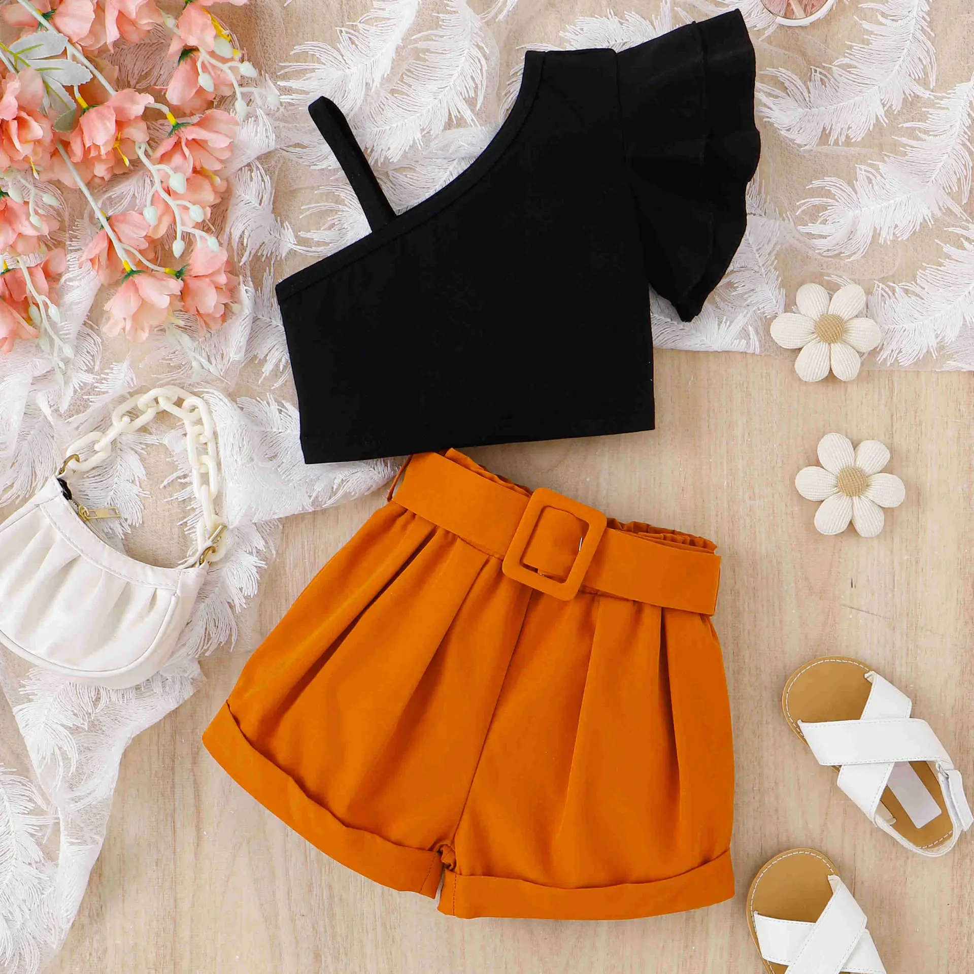 Baoxi Girls Summer Top Shorts Set Black Orange Belted — feature 4
