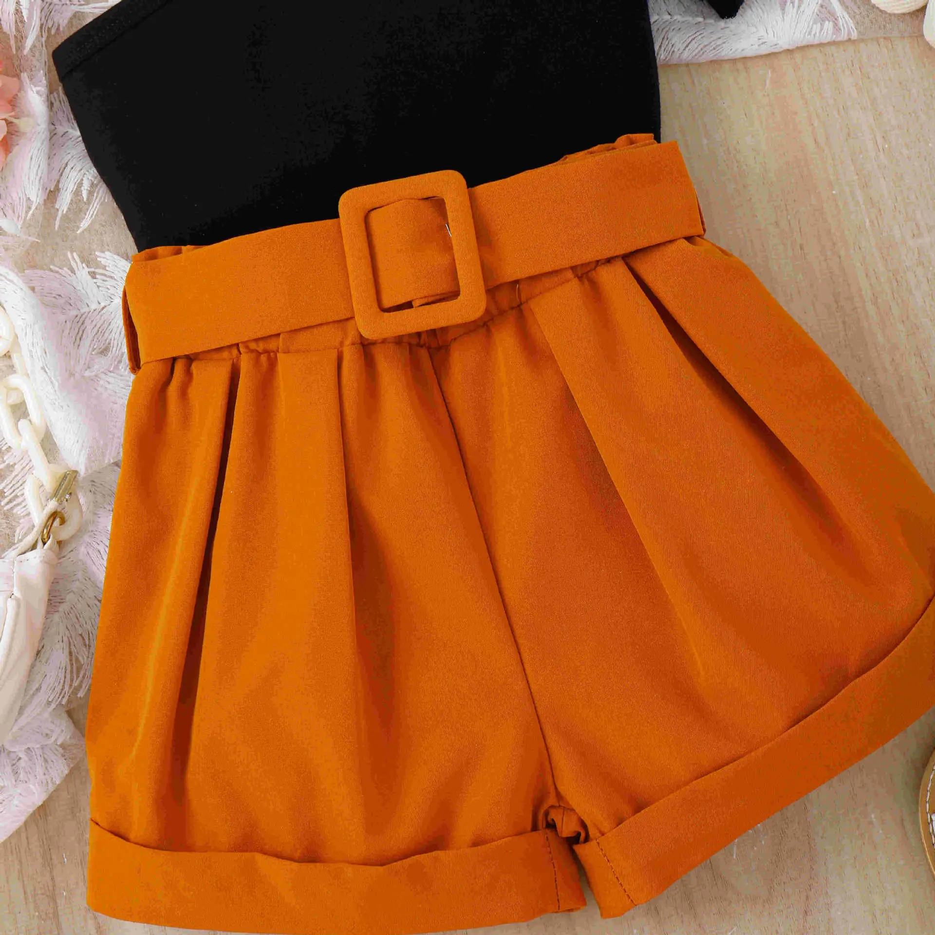 Baoxi Girls Summer Top Shorts Set Black Orange Belted — feature 5