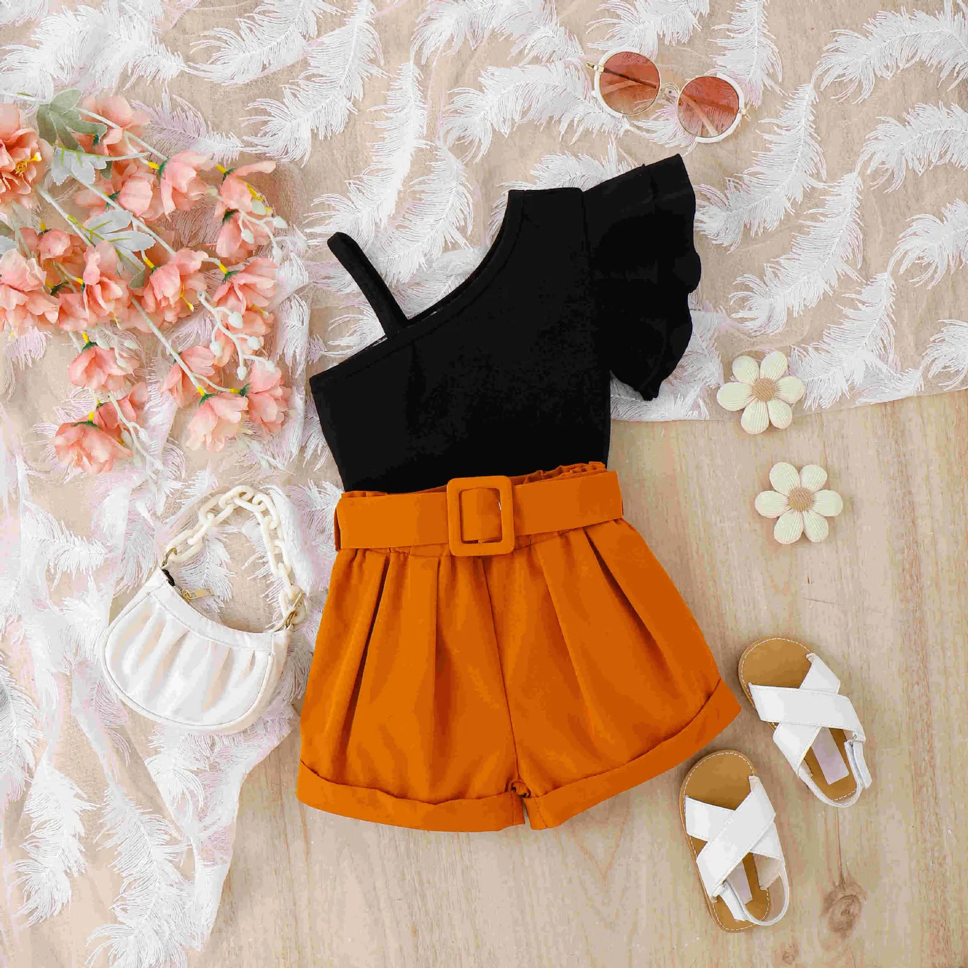 Baoxi Girls Summer Top Shorts Set Black Orange Belted — feature 6