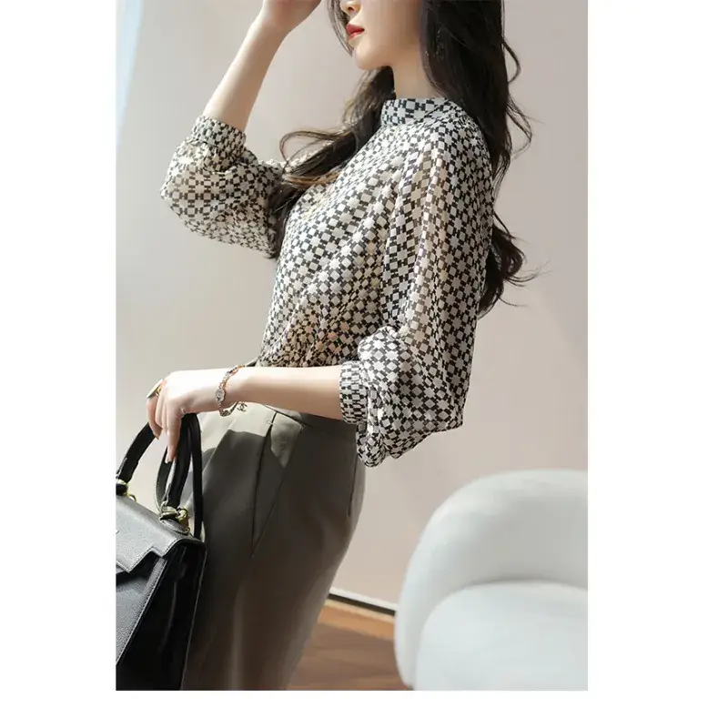 Slim Printed Silk Shirt with Double Heavy Neckline