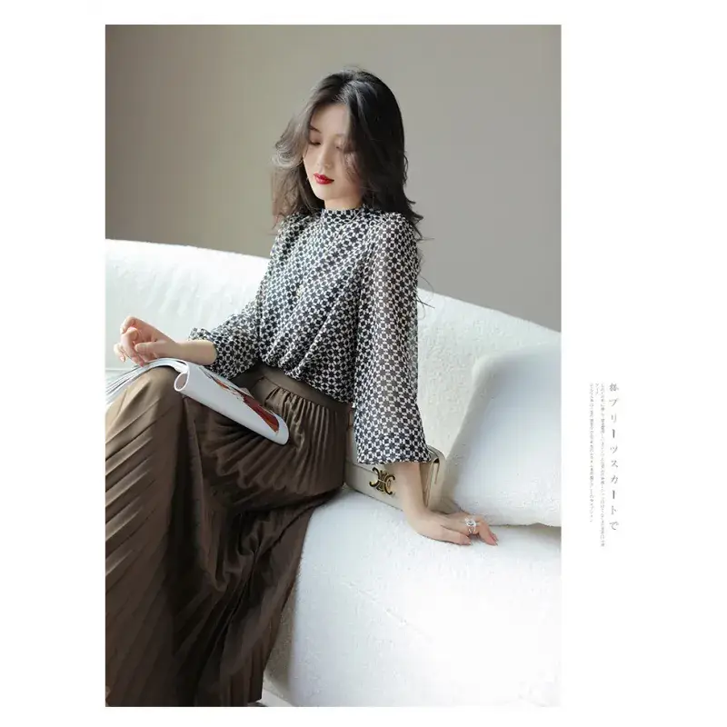 Slim Printed Silk Shirt with Double Heavy Neckline