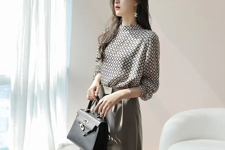 Slim Printed Silk Shirt with Double Heavy Neckline — feature 1