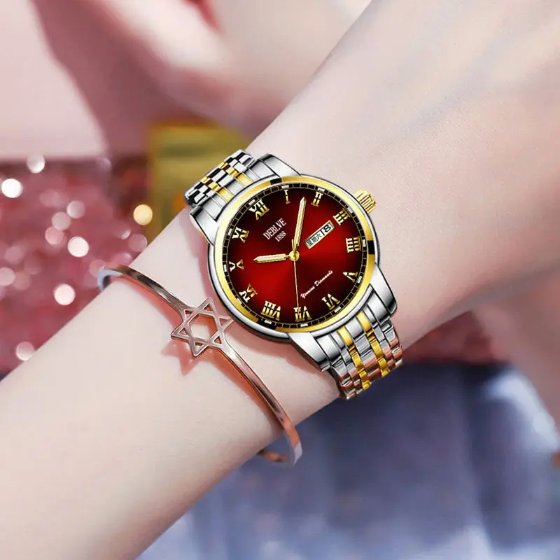 Luxury Red Dial Women's Quartz Watch with Gold & Silver Band — feature 11