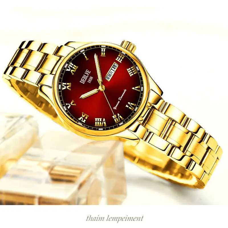 Luxury Red Dial Women's Quartz Watch with Gold & Silver Band — feature 12