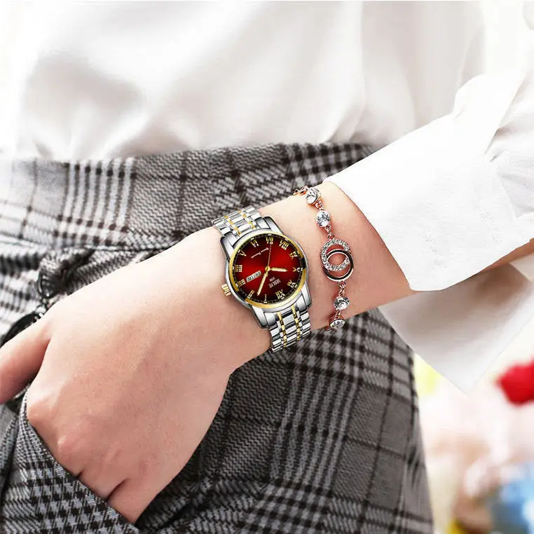 Luxury Red Dial Women's Quartz Watch with Gold & Silver Band — feature 14
