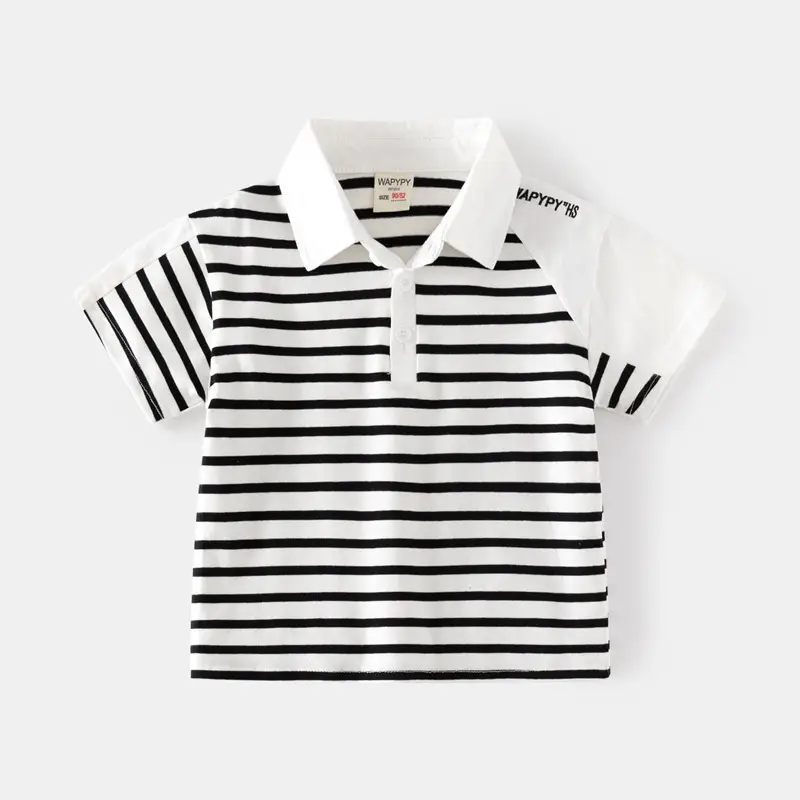 Kids Striped Polo T-Shirt Black White Korean Style - Image 2