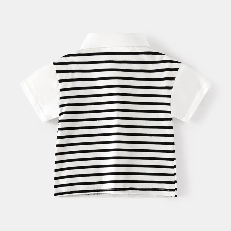 Kids Striped Polo T-Shirt Black White Korean Style - Image 4