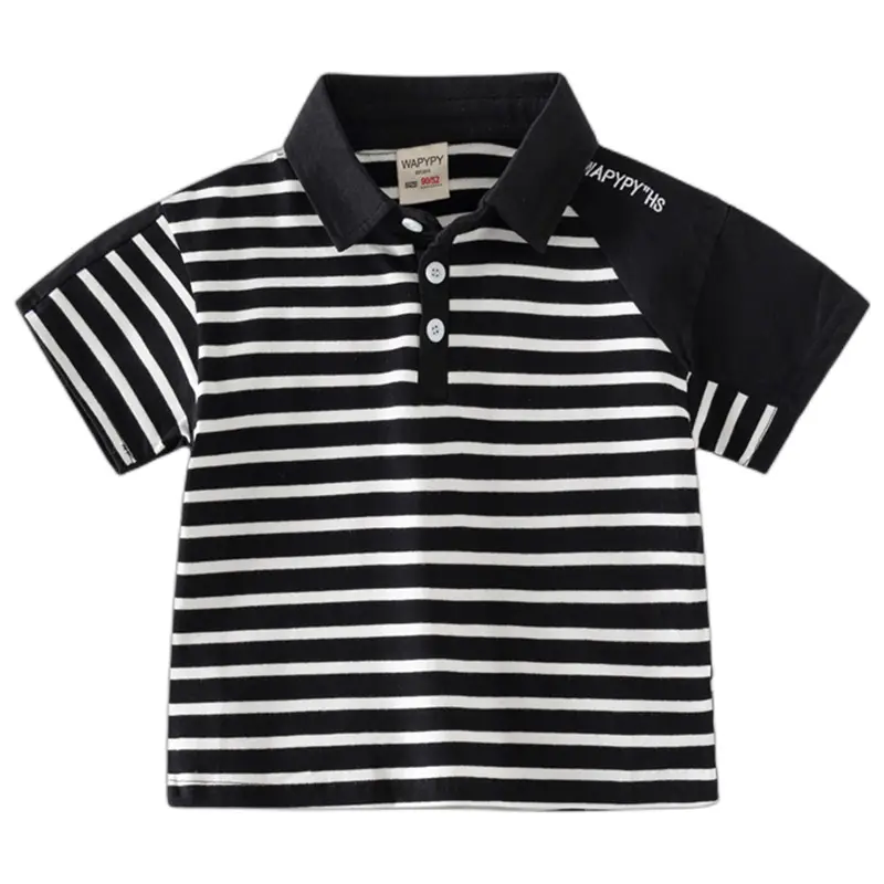 Kids Striped Polo T-Shirt Black White Korean Style - Image 5