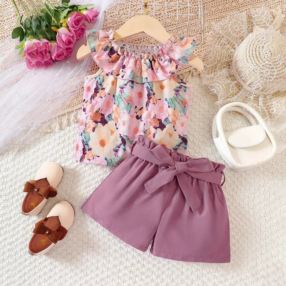 Girls Floral Print Shorts Set Purple Belted Summer - Image 4