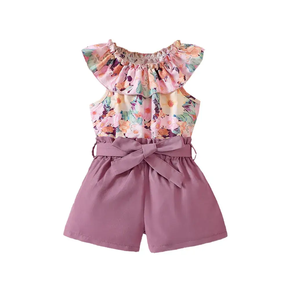 Girls Floral Print Shorts Set Purple Belted Summer - Image 7