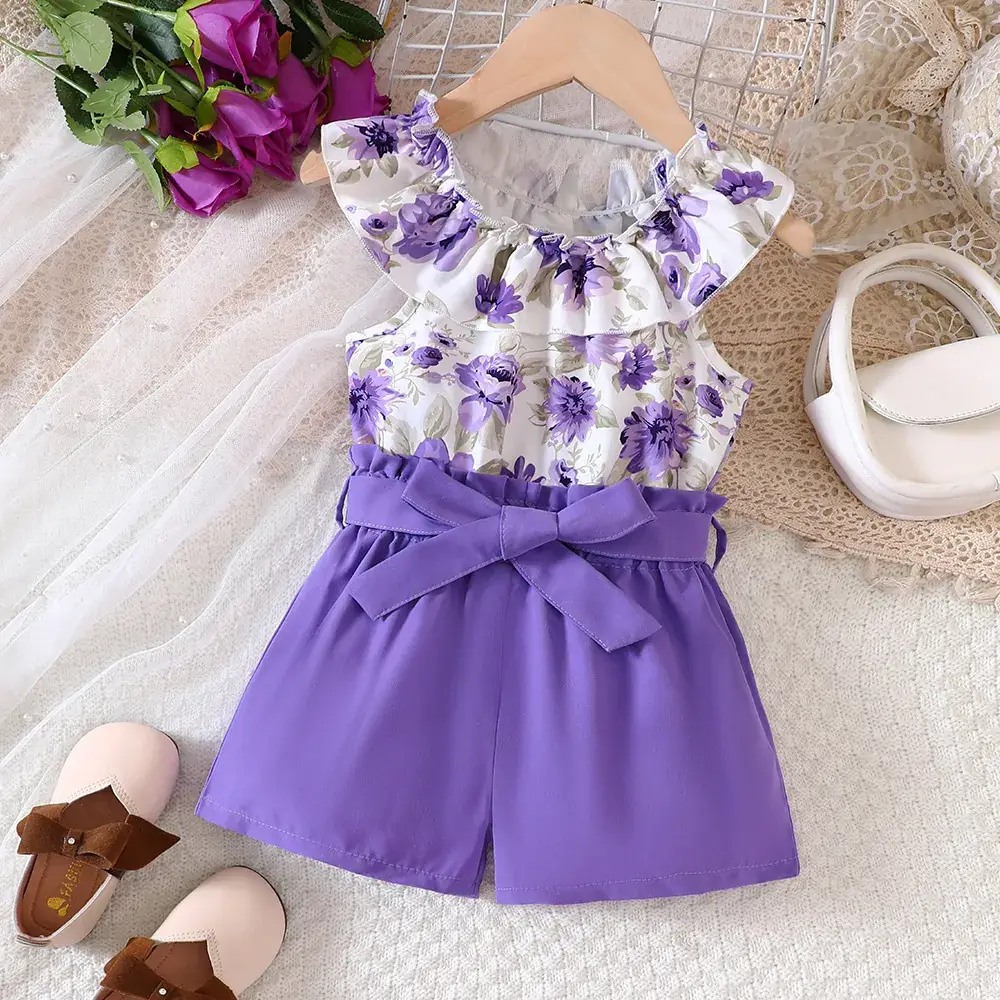 Girls Floral Print Shorts Set Purple Belted Summer - Image 2