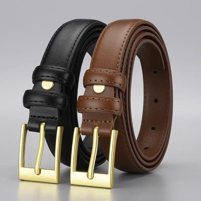 Women's Black Leather Belt with Gold Buckle - Image 3