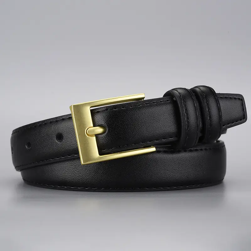 Women's Black Leather Belt with Gold Buckle - Image 4