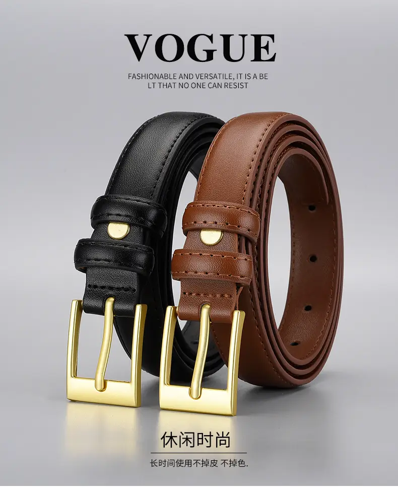 Women's Black Leather Belt with Gold Buckle — feature 9