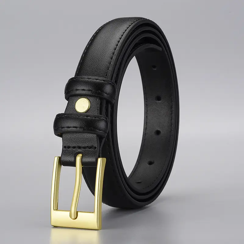 Women's Black Leather Belt with Gold Buckle