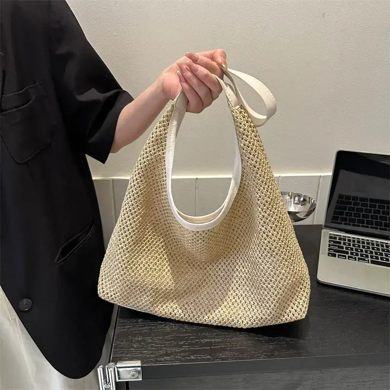 Beige Woven Women's Shoulder Tote Bag for Beach Travel