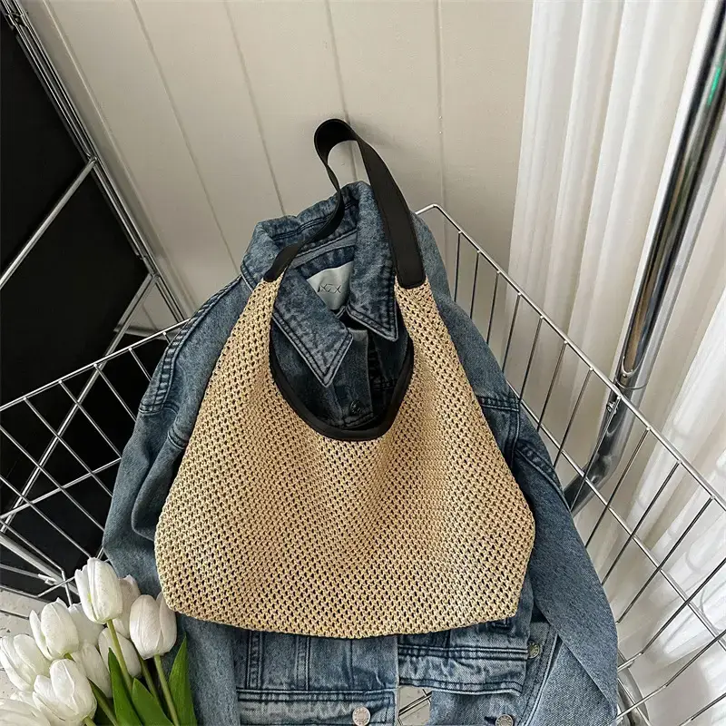 Beige Woven Women's Shoulder Tote Bag for Beach Travel