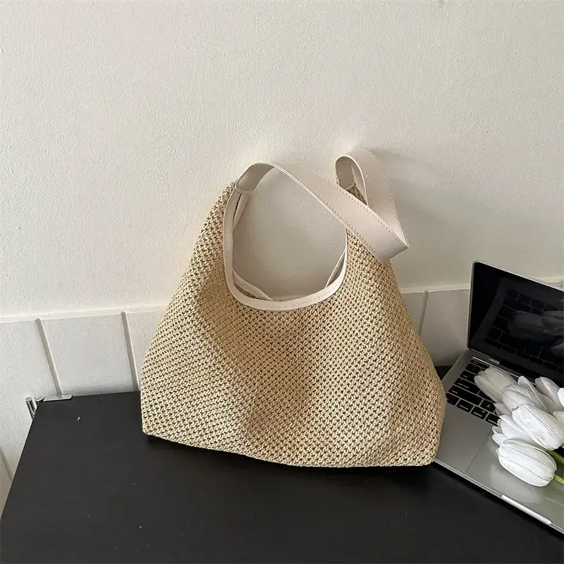 Beige Woven Women's Shoulder Tote Bag for Beach Travel