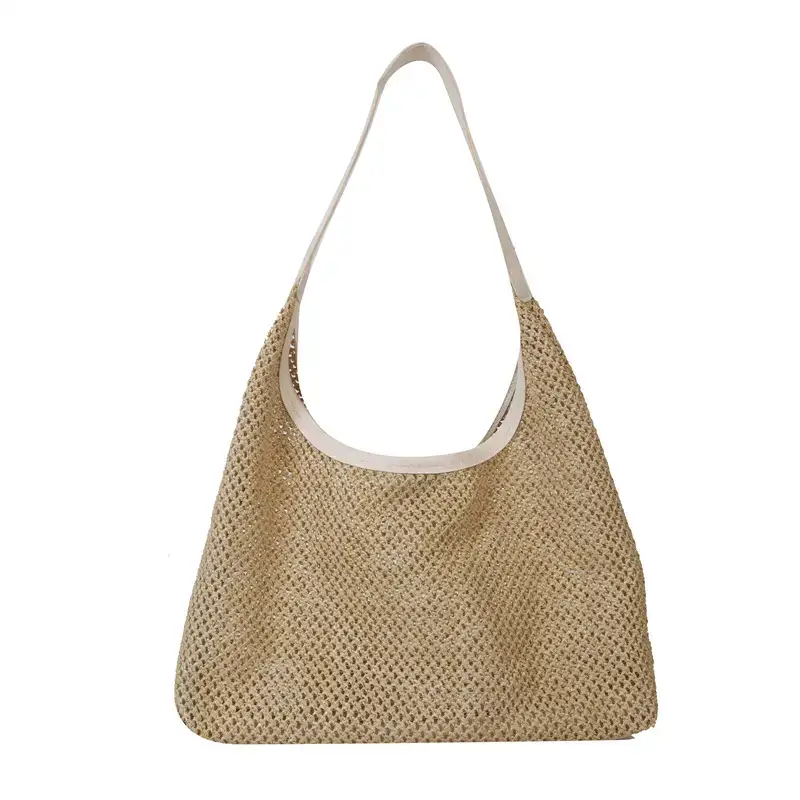 Beige Woven Women's Shoulder Tote Bag for Beach Travel