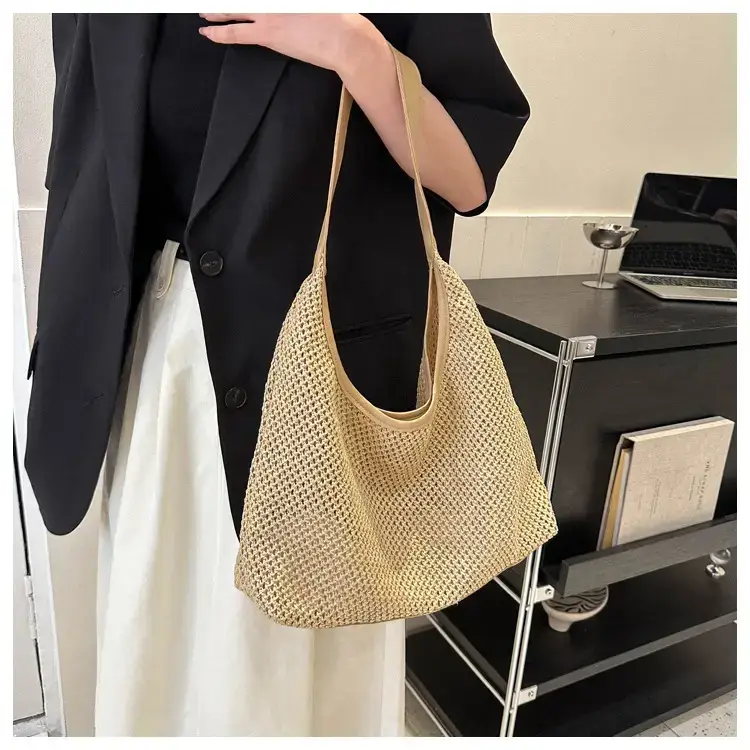 Beige Woven Women's Shoulder Tote Bag for Beach Travel — feature 10