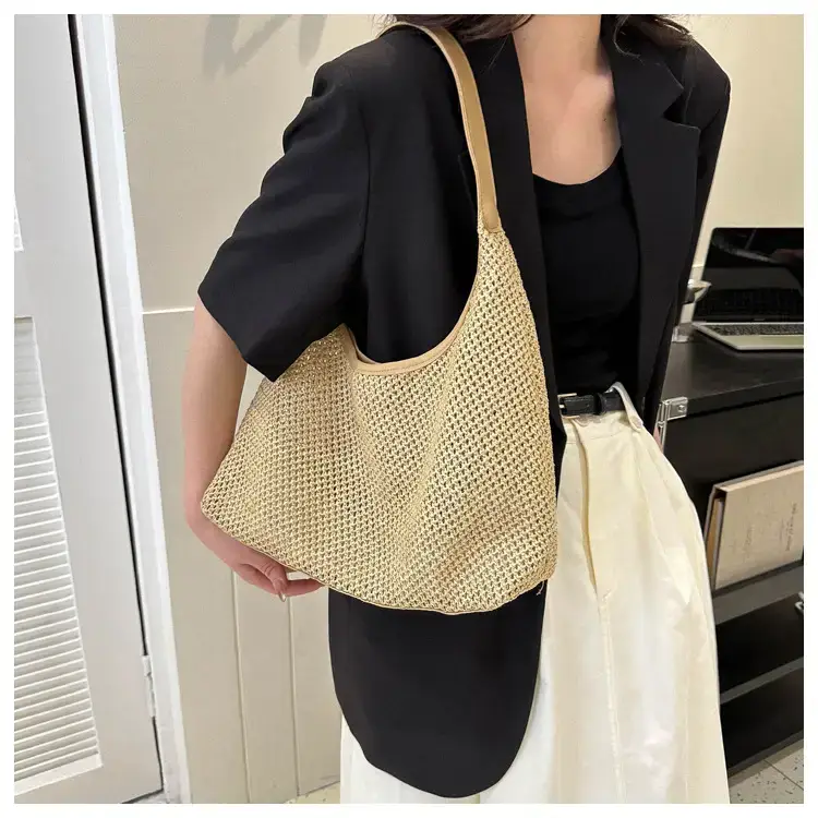 Beige Woven Women's Shoulder Tote Bag for Beach Travel — feature 12
