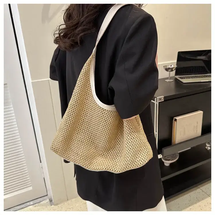 Beige Woven Women's Shoulder Tote Bag for Beach Travel — feature 14