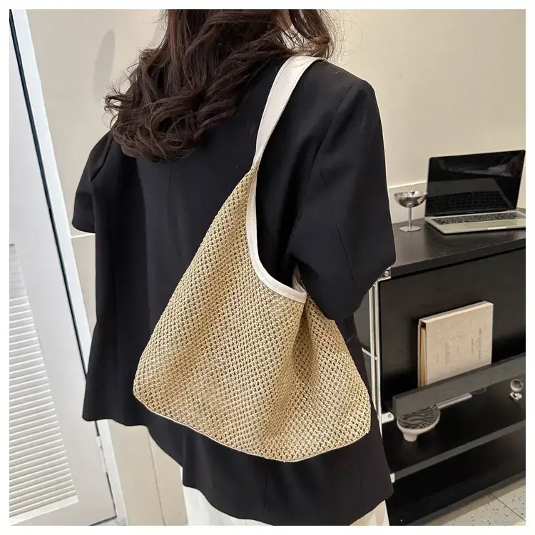 Beige Woven Women's Shoulder Tote Bag for Beach Travel — feature 15