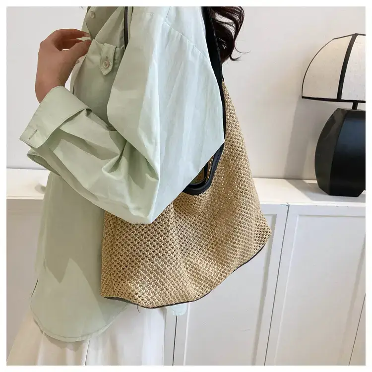 Beige Woven Women's Shoulder Tote Bag for Beach Travel — feature 17