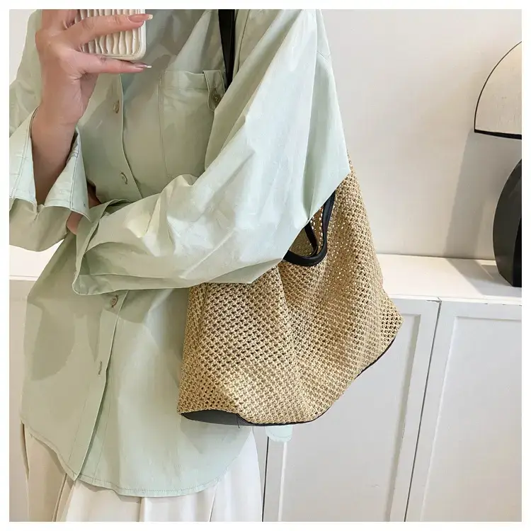 Beige Woven Women's Shoulder Tote Bag for Beach Travel — feature 18