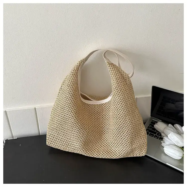 Beige Woven Women's Shoulder Tote Bag for Beach Travel — feature 19